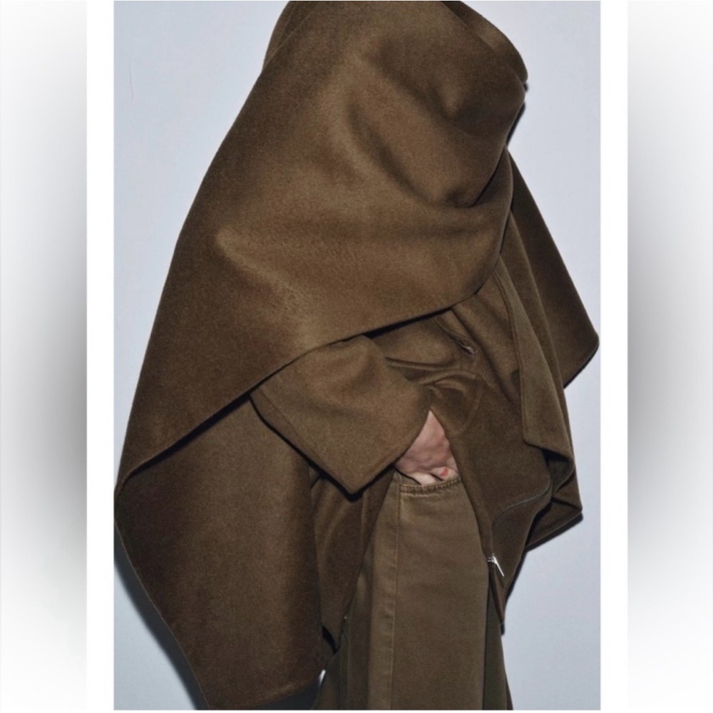 NWT Zara Collection Wool Blend Cape Coat Large Olive - Picture 4 of 5